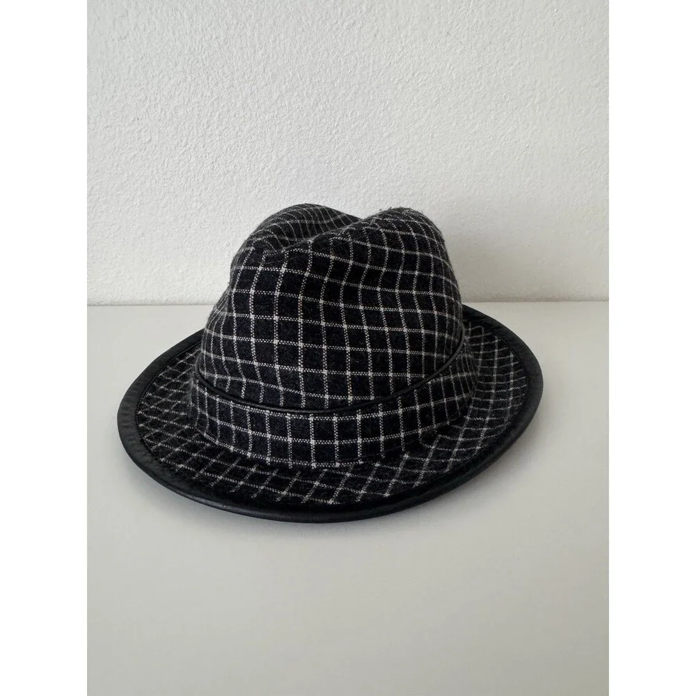 Perry Ellis Fedora Trilby Hat S/M Black Gray Plaid Wool Blend